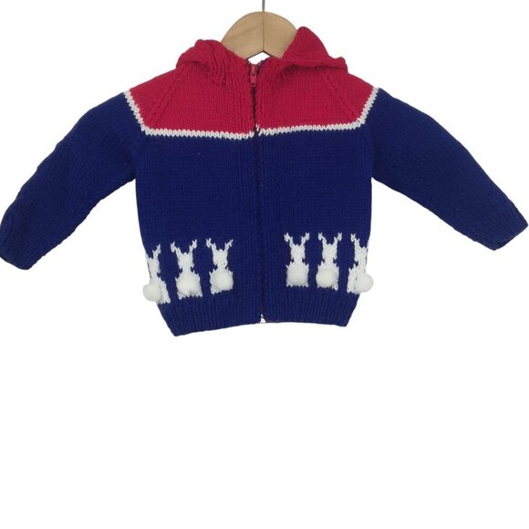 Vintage Hand Knit Bunny Cardigan Sweater Size 24M? Hood Zip Up Bobble Handmade - Picture 3 of 10